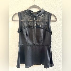 Zara Black Satin Lace Mock High Neck Victorian Peplum Blouse Top Sleeveless S